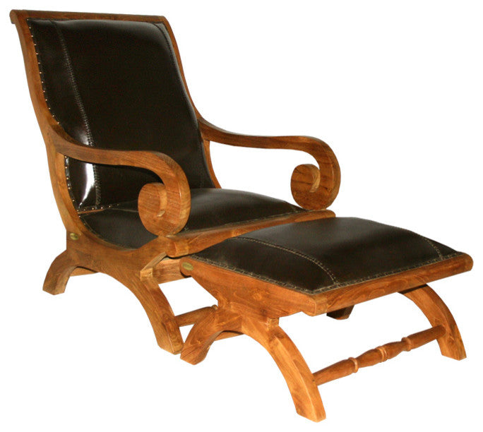 Teak Wood And Leather Bahama Lazy Chair With Ottoman