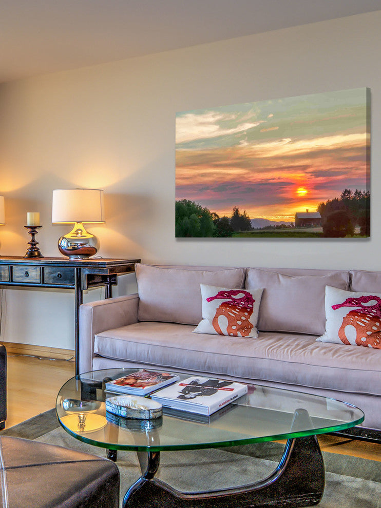 "Barn on the Ridge at Sunset" Painting Print on Canvas