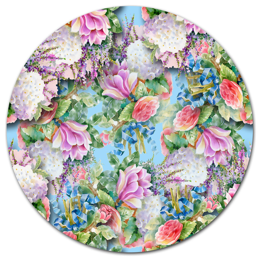 Pink Flower Pattern On Blue, Floral Wall Round Metal Wall Art, 23"