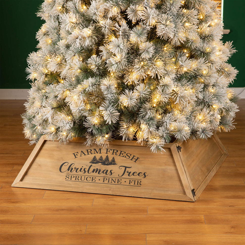 Trapezoid "Farm Fresh" Wooden Christmas Tree Collar, Natural Wood, 40"x40"