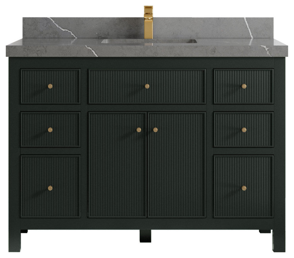 Sonoma 48 Single Sink Reeded Bath Vanity in Dark Forest Green 2" Piatra Gray