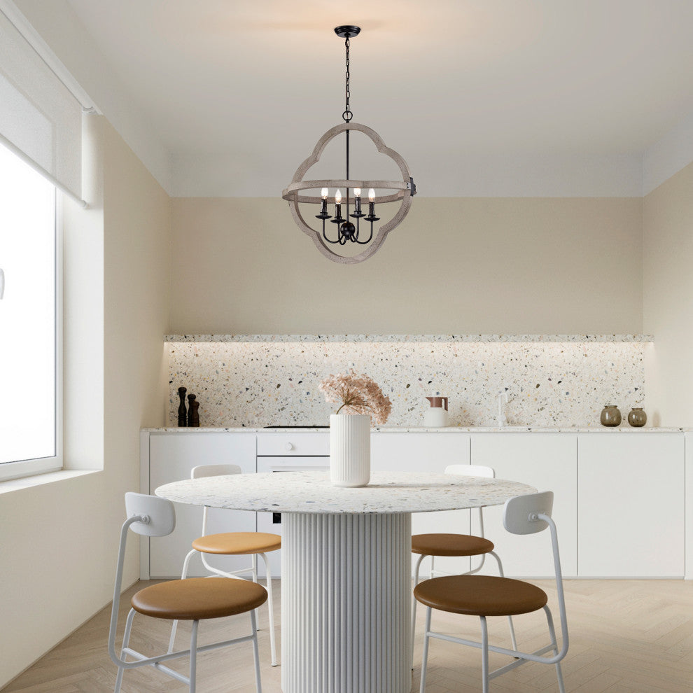 4-Light Slate Wood and Black Finish Geometric Cage Chandelier