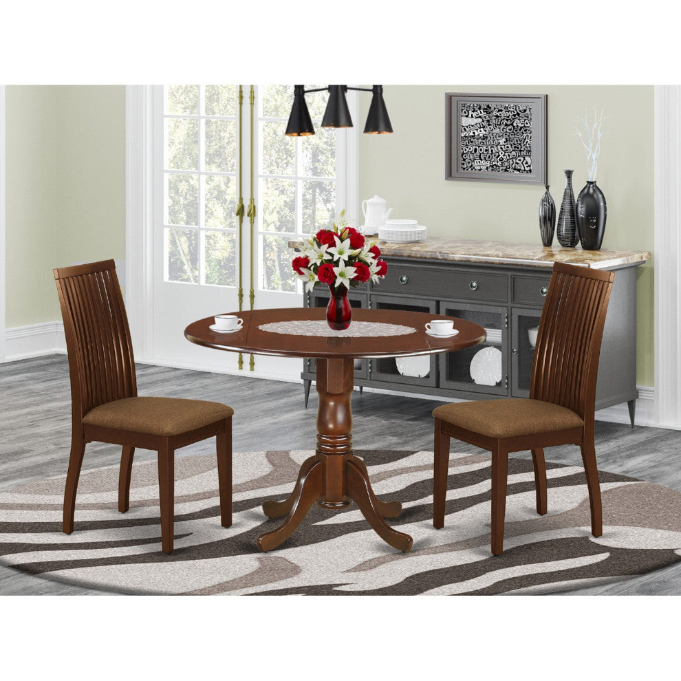 3Pc Dinette Set, Rounded Table, Drop Leaves, Two Linen Seat Chairs, Mahogany