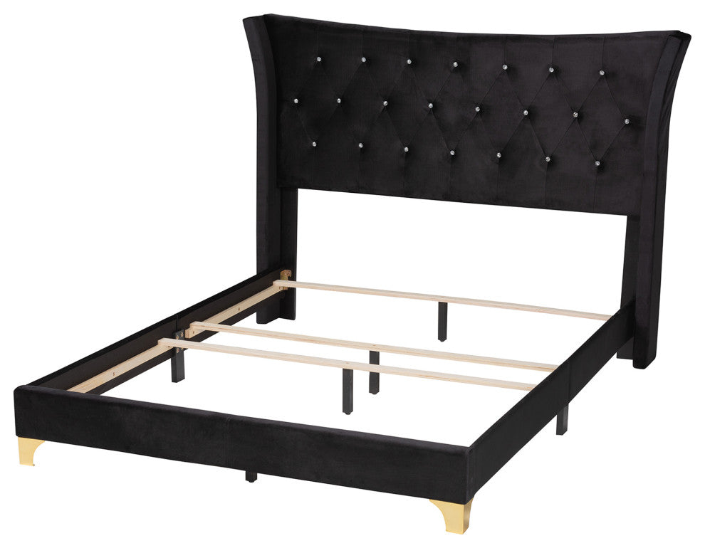Fae Velvet Queen Size Panel Bed, Black/Gold