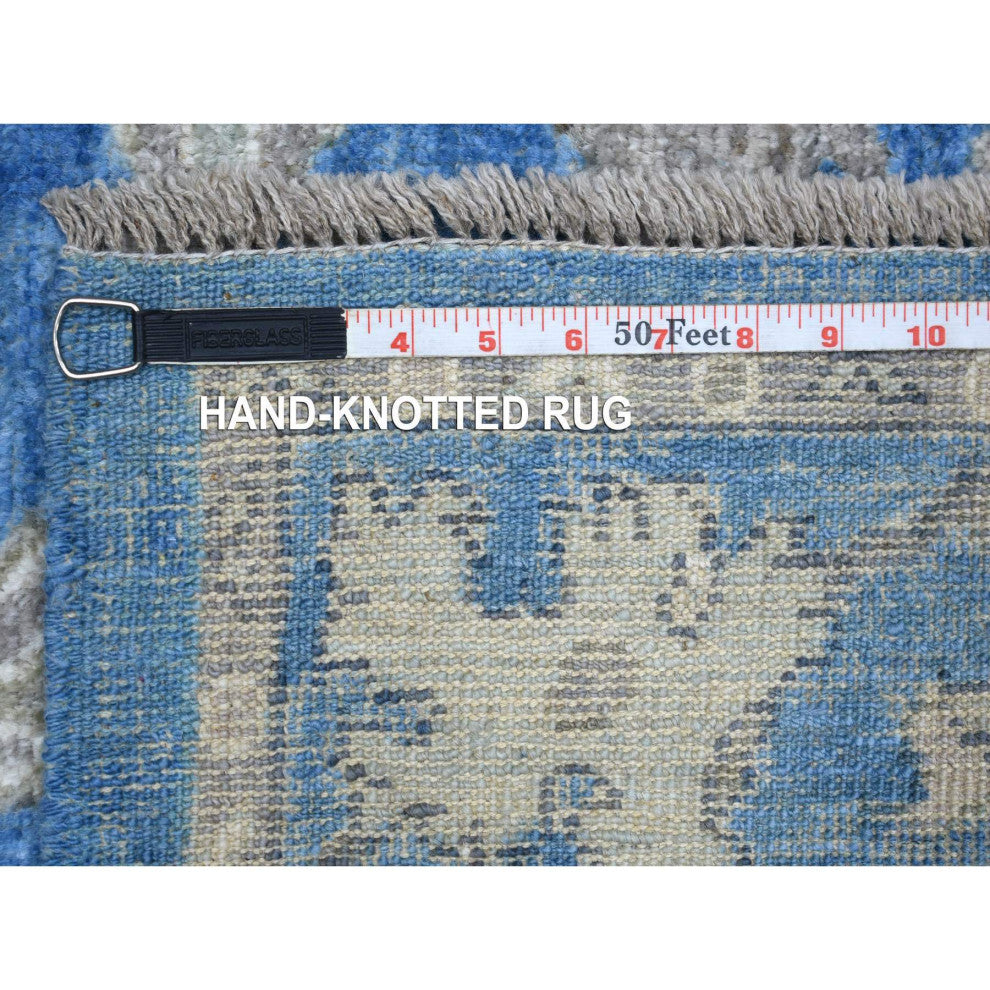 Blue Angora Oushak Bold Colors Leaf Design, Hand Knotted Wool Rug, 4'0"x6'0"