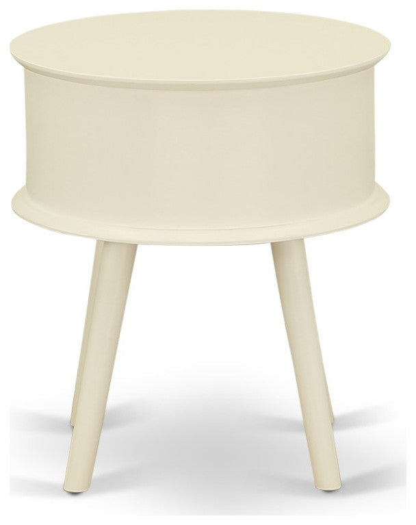 Gordon Round Night Stand End Table With Drawer, White Finish