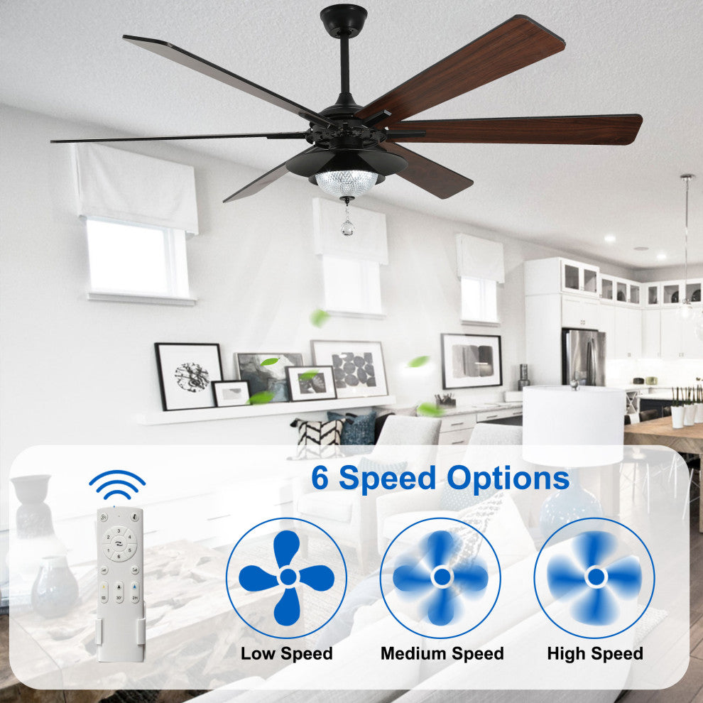72" Antique Lagre Ceiling Fan, Wood Blades and LED Lights Kit w Crystal Shade, Gold