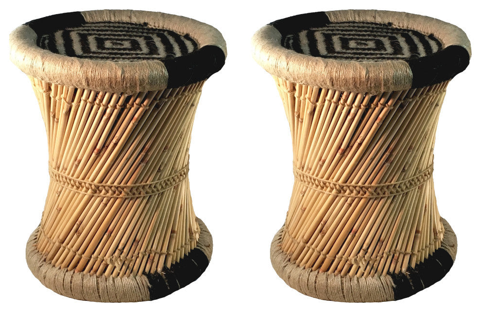 Natural Geo Moray Decorative Handwoven Jute Accent Stool, Set of 2, Black Diamon