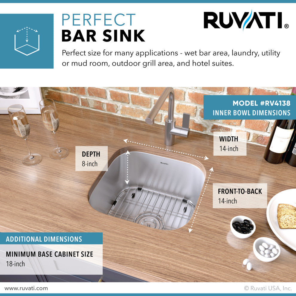 Ruvati RVM4138 16 x 16 inch Undermount 16 Gauge S. Steel Bar Prep Sink