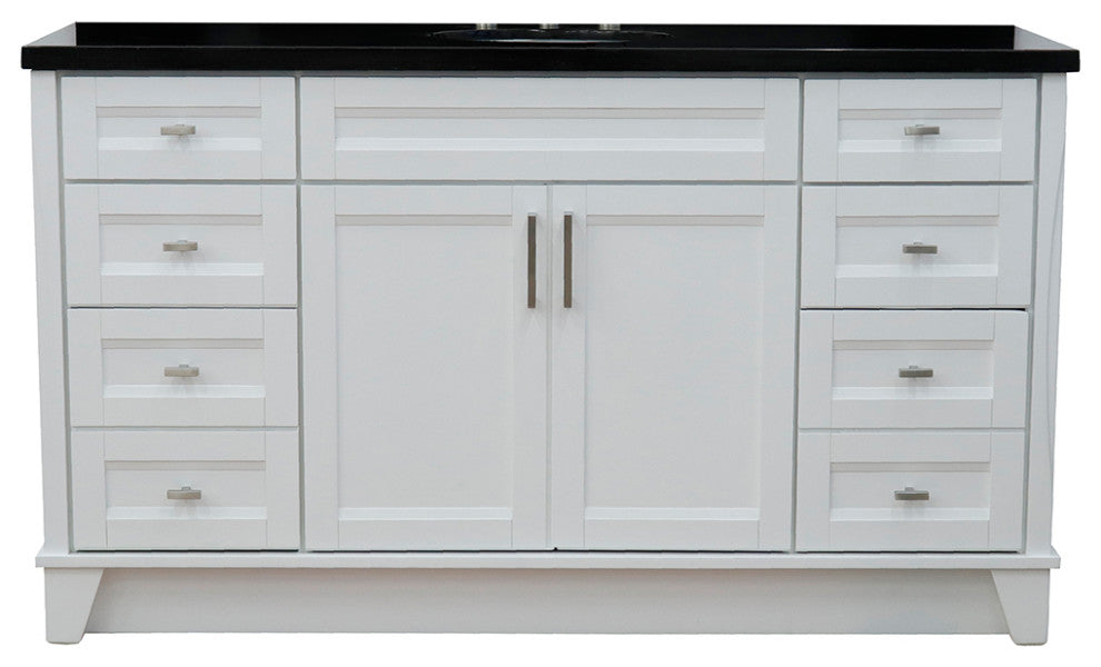 61" Single Sink Vanity, White Finish And Black Galaxy Granite And Oval Sink