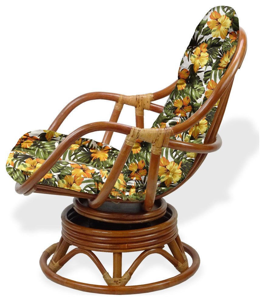 Rattan Wicker Handmade Bali Lounge Swivel Rocking Chair with Cushion, Floral Cushion