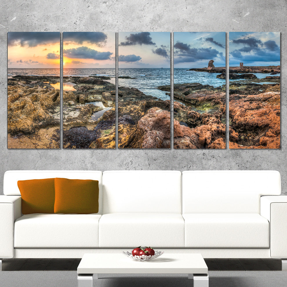 "Rocky Blue Seashore Sunset" Seashore Canvas Art, 60"x28", 5-Panels