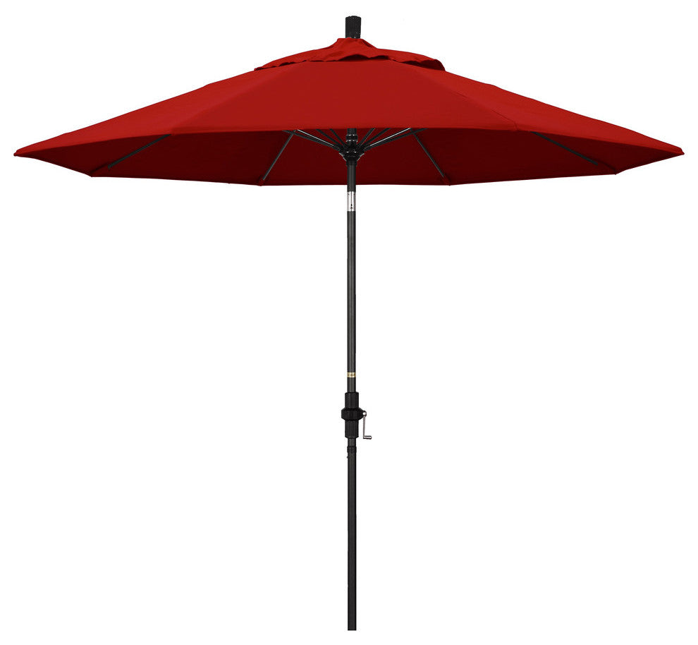 9' Matted Black Collar Tilt Lift Fiberglass Rib Aluminum Umbrella, Sunbrella, Jockey Red
