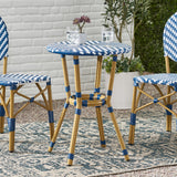 Deshler Outdoor Aluminum French Bistro Table, Navy Blue + White + Bamboo Finish