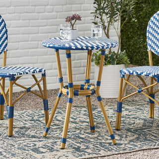 Deshler Outdoor Aluminum French Bistro Table, Navy Blue + White + Bamboo Finish