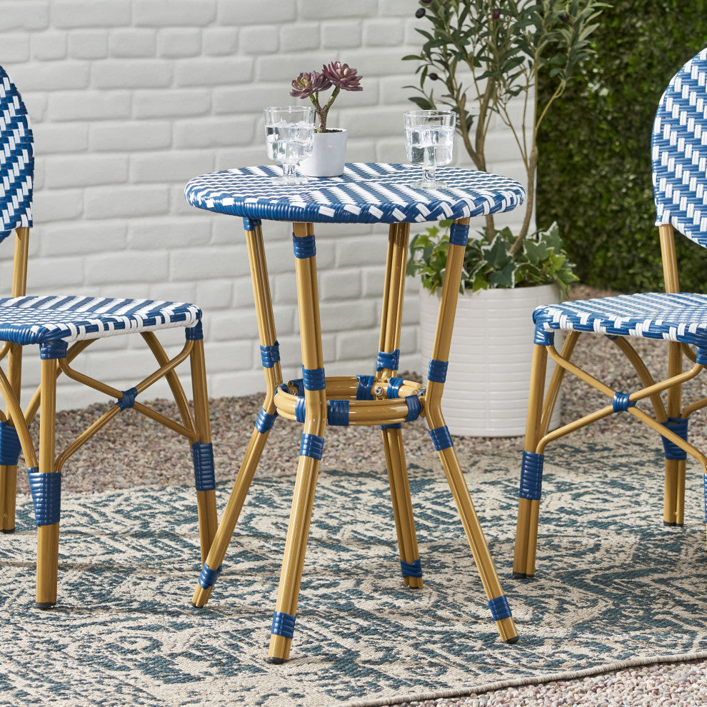 Deshler Outdoor Aluminum French Bistro Table, Navy Blue + White + Bamboo Finish