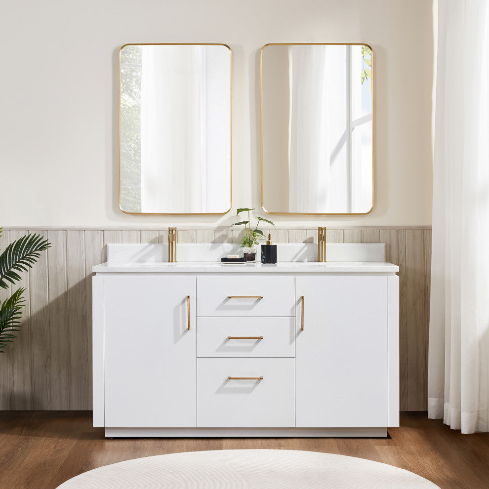 San Bath Vanity with Stone Top, White, 60" Double Sink, Double Vanity, No Mirror