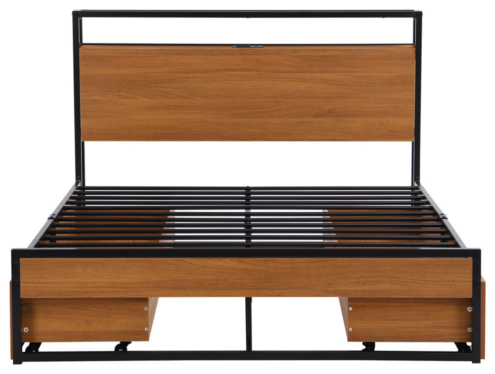Full/Queen Metal Frame Wood Platform Bed with Four Drawers, Sockets and USB Port