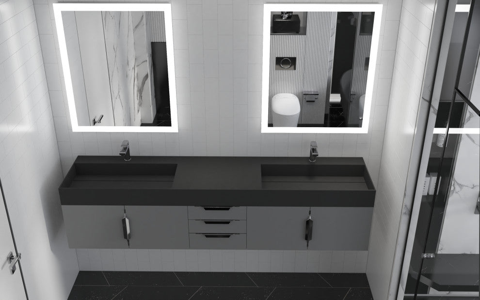 CastelloUSA Amazon 84" Wall Mounted Bathroom Vanity Set, Gray, Black Top, Brushed Nickel