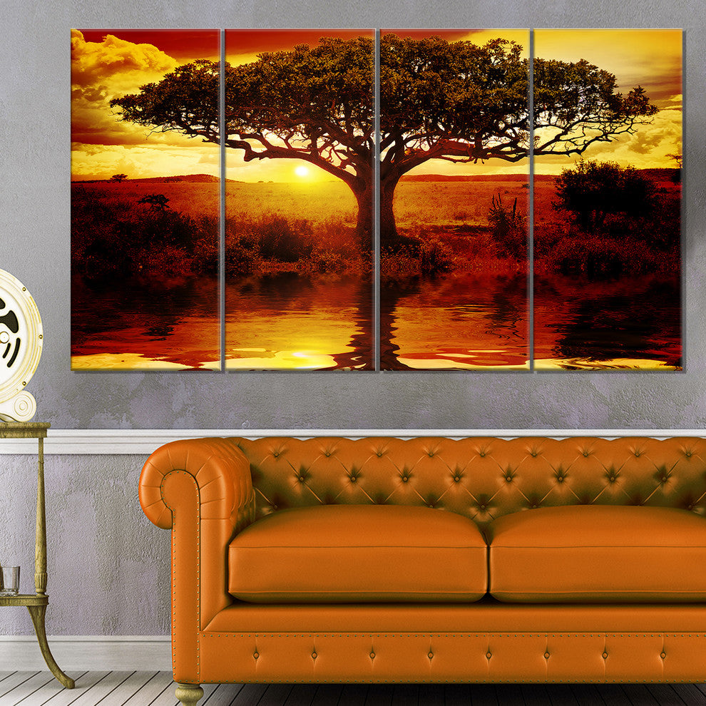 Lonely Tree in African Sunset, African Landscape Canvas Art, 48"x28", 4 Panels