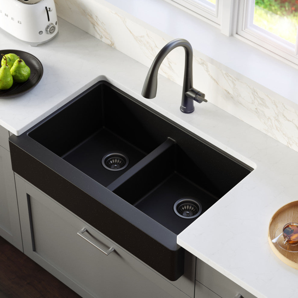Karran Retrofit Farmhouse Quartz 34" Double Bowl Sink, Black