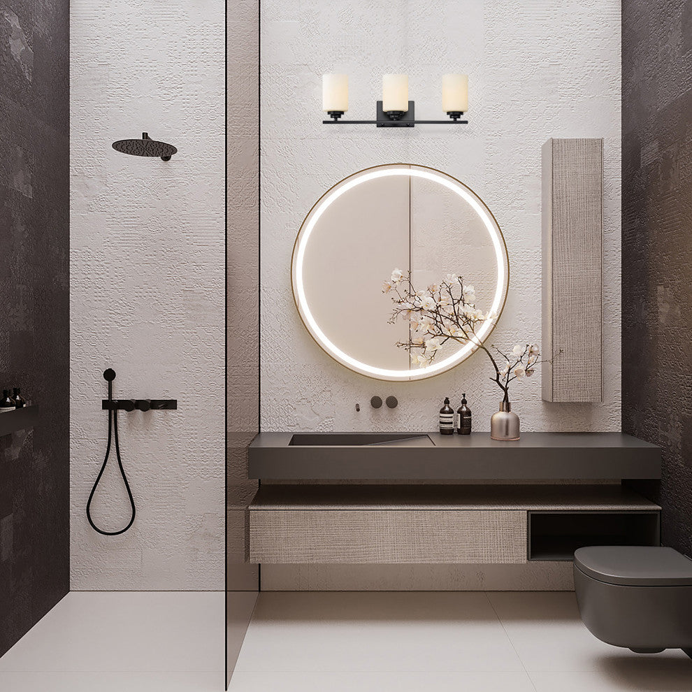 3-Light Matte Black Vanity With Etched White Glass Shades