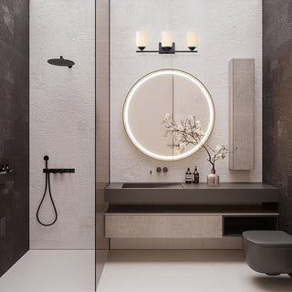 3-Light Matte Black Vanity With Etched White Glass Shades