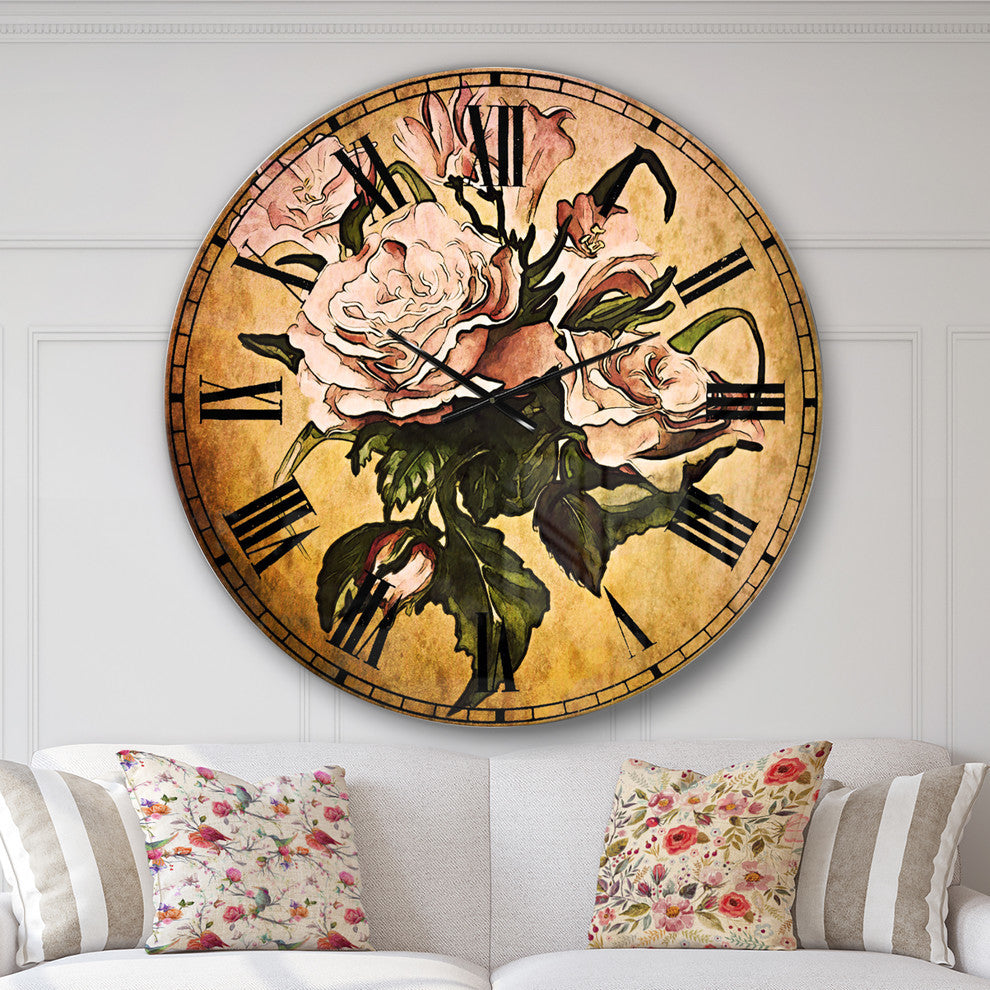 Pink Rose With Leaves Watercolor Floral Large Metal Wall Clock, 36x36