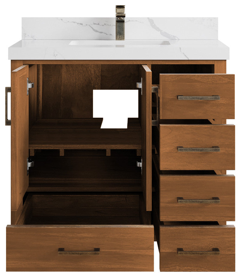 Malibu Teak 36 Center Sink Bath Vanity in Golden Teak  2" Calacatta Laza