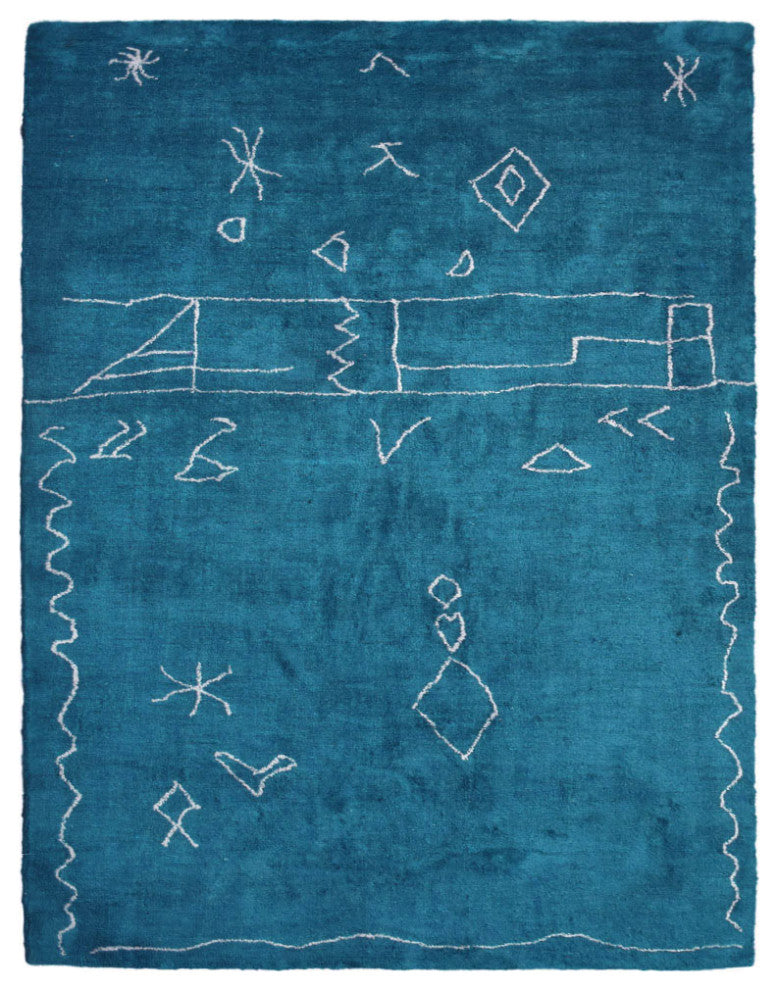 HAND KNOTTED LOOM SILK AREA RUGS-9'x12',Rectangle,Blue White,Contemporary