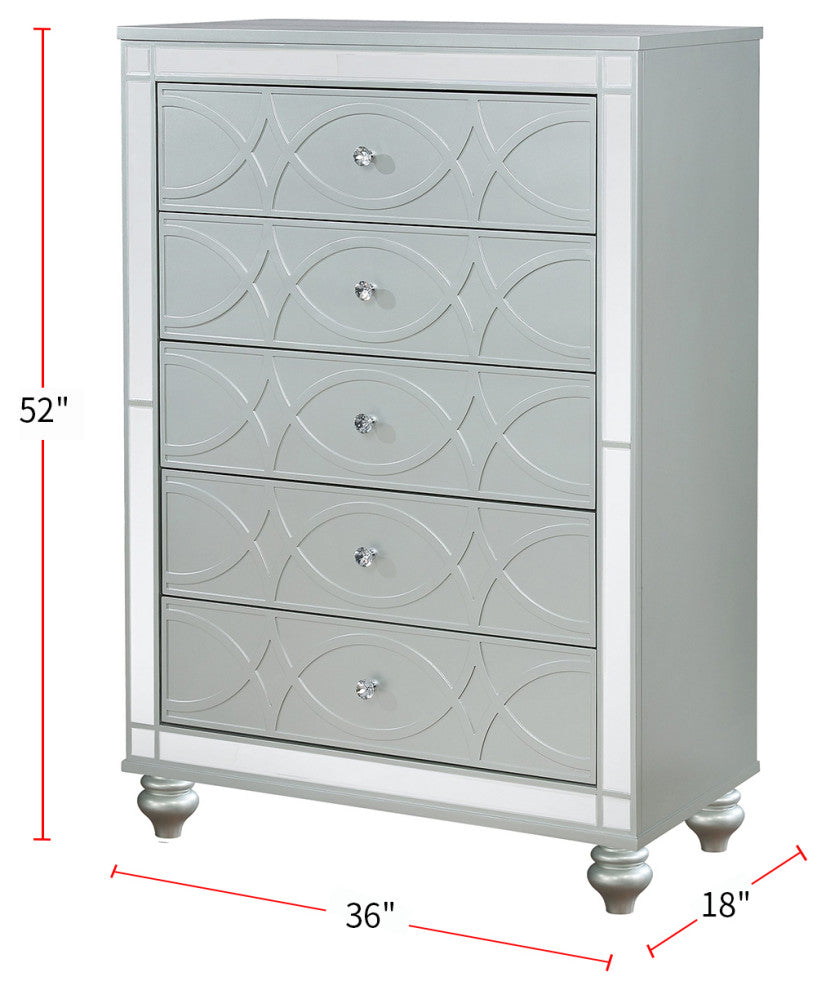 Glam 5 Drawer Chest with Mirror Accent, Silver