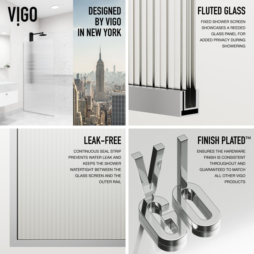 VIGO Zenith Frameless Fixed, Chrome, Shower Screen, 34" W X 74" H, Fluted Glass