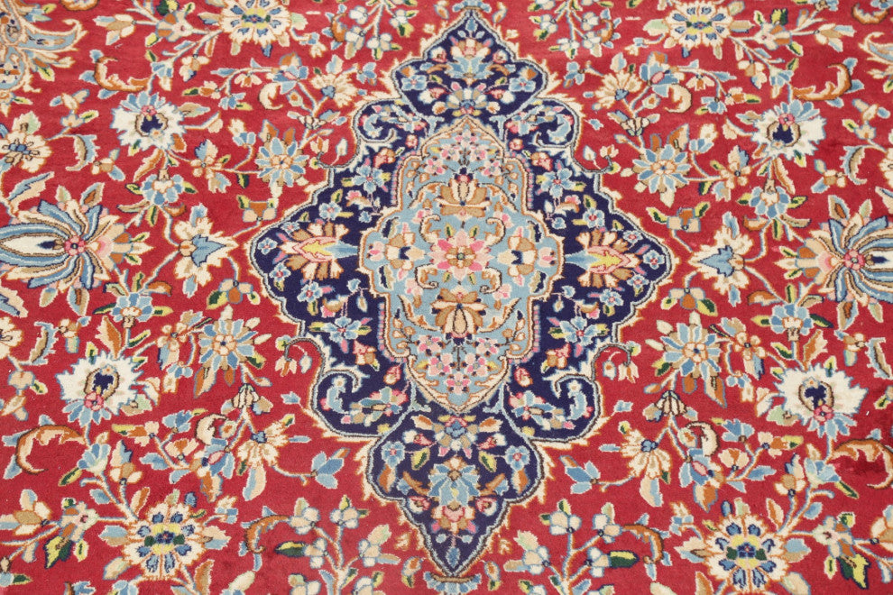 Kerman Oriental Hand-Knotted Traditional Persian Area Rug, Red, 13'7"x9'7