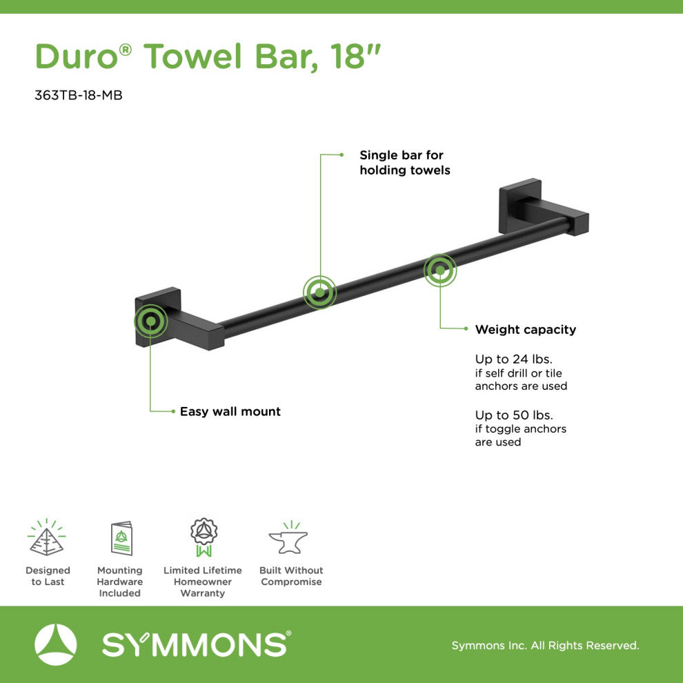 Duro 18 inch Towel Bar with Mounting Hardware, Matte Black
