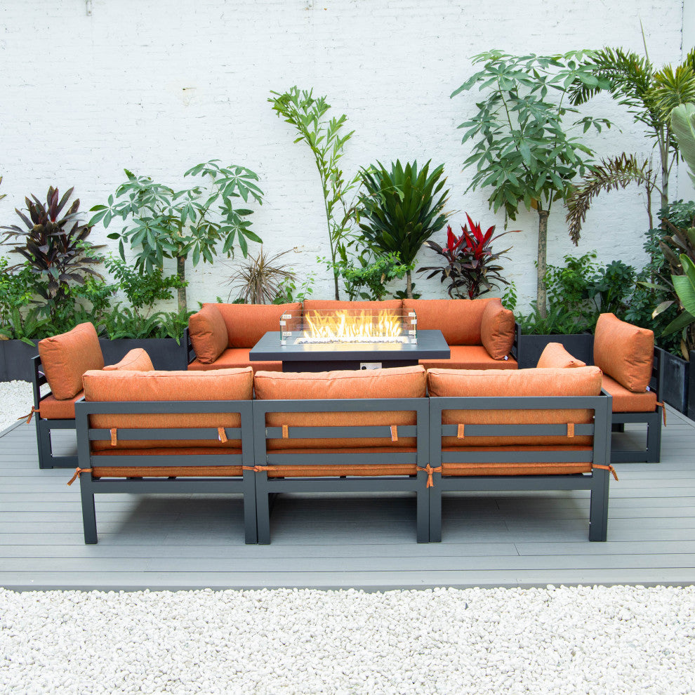 LeisureMod Chelsea 9-Piece Patio Sectional With Fire Pit Table, Orange