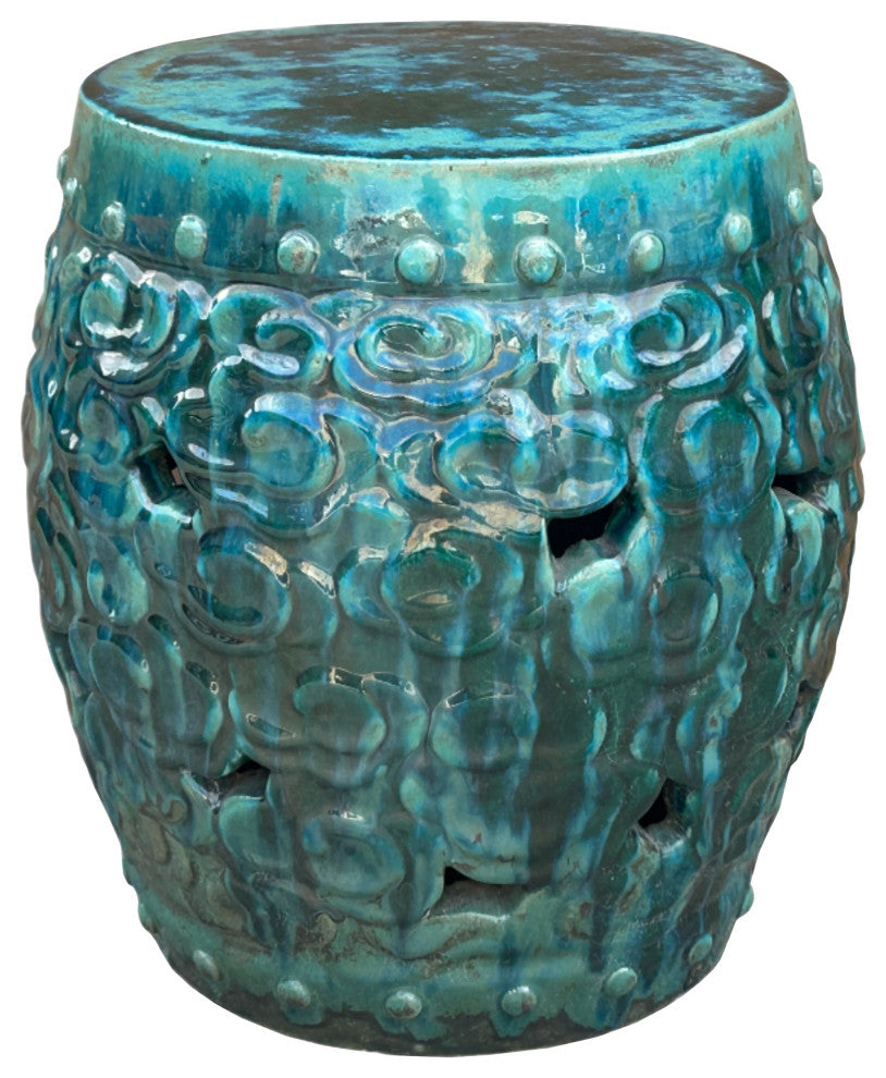 Green Teal Turquoise Swirl Cloud Pattern Round Ceramic Stool Table Hws4577