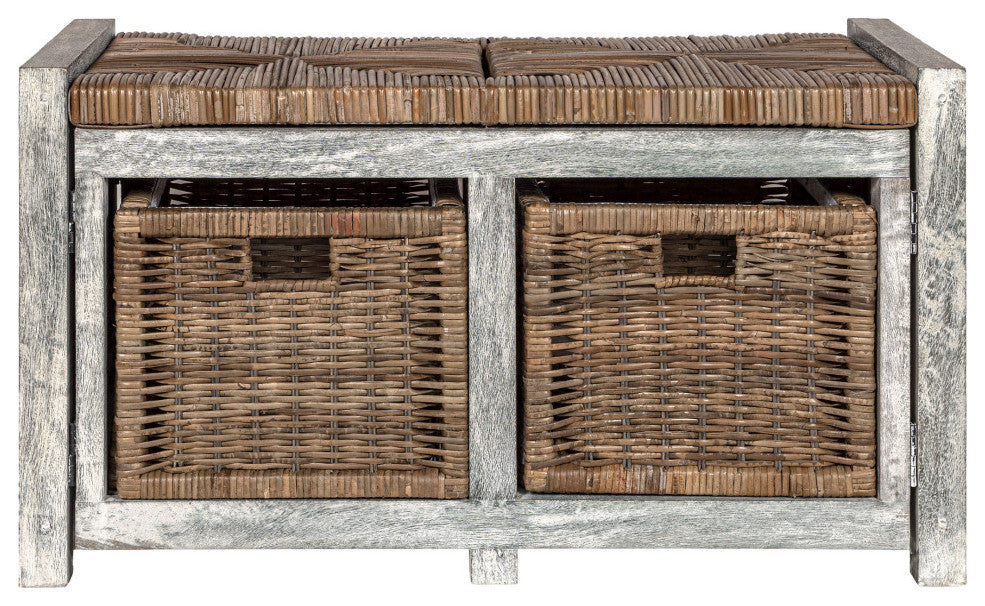 Happimess Rustic 30" 2 Drawer Wicker Storage Bench, Gray