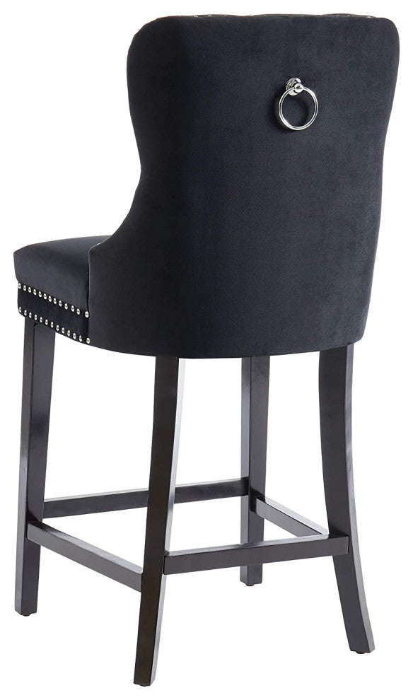 Set of 2 Modern Velvet & Solid Wood Counter Stool in Black
