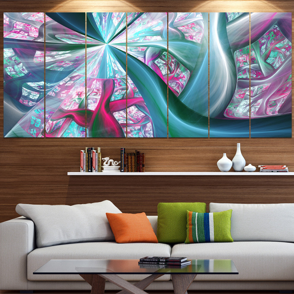 Blue Pink Fractal Plant Stems, Abstract Canvas Art Print, 83"x32", 7 Panels