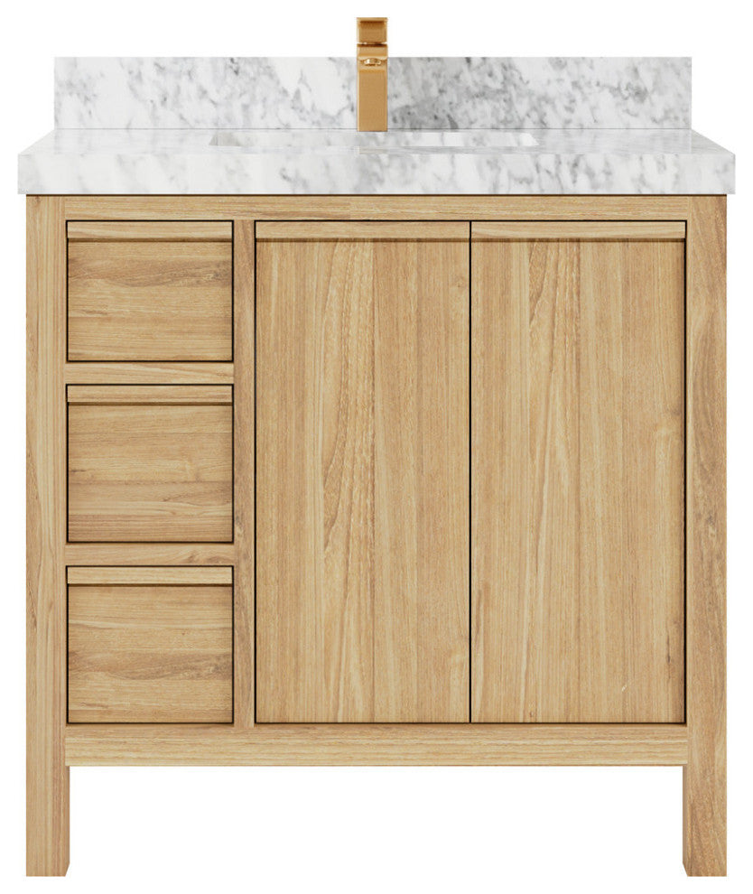Elizabeth 36 Center Sink Bath Vanity in Light Natural Teak 2" Carrara Marble