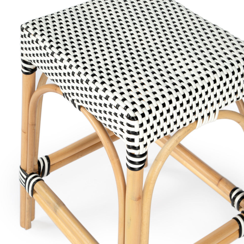 Robias Rectangular Rattan 24.5" Counter Stool, Black and White