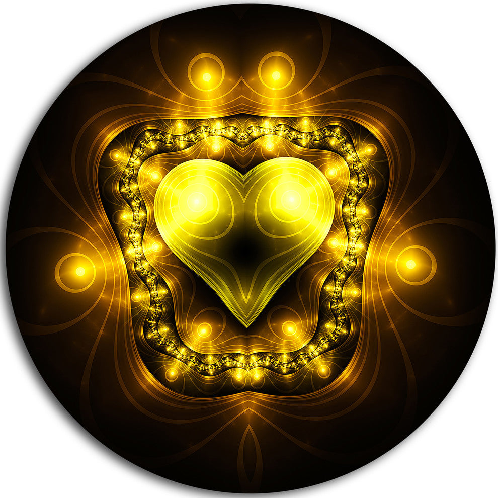 Bright Yellow In Black Fractal Flower, Abstract Disc Metal Artwork, 11"