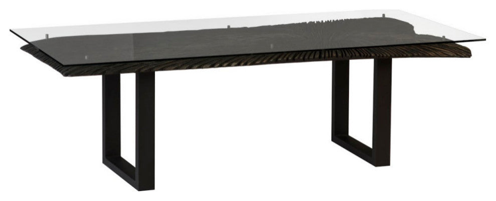Chainsaw Dining Table with Glass, Chamcha Wood, Burnt Black, Black Iron U Legs