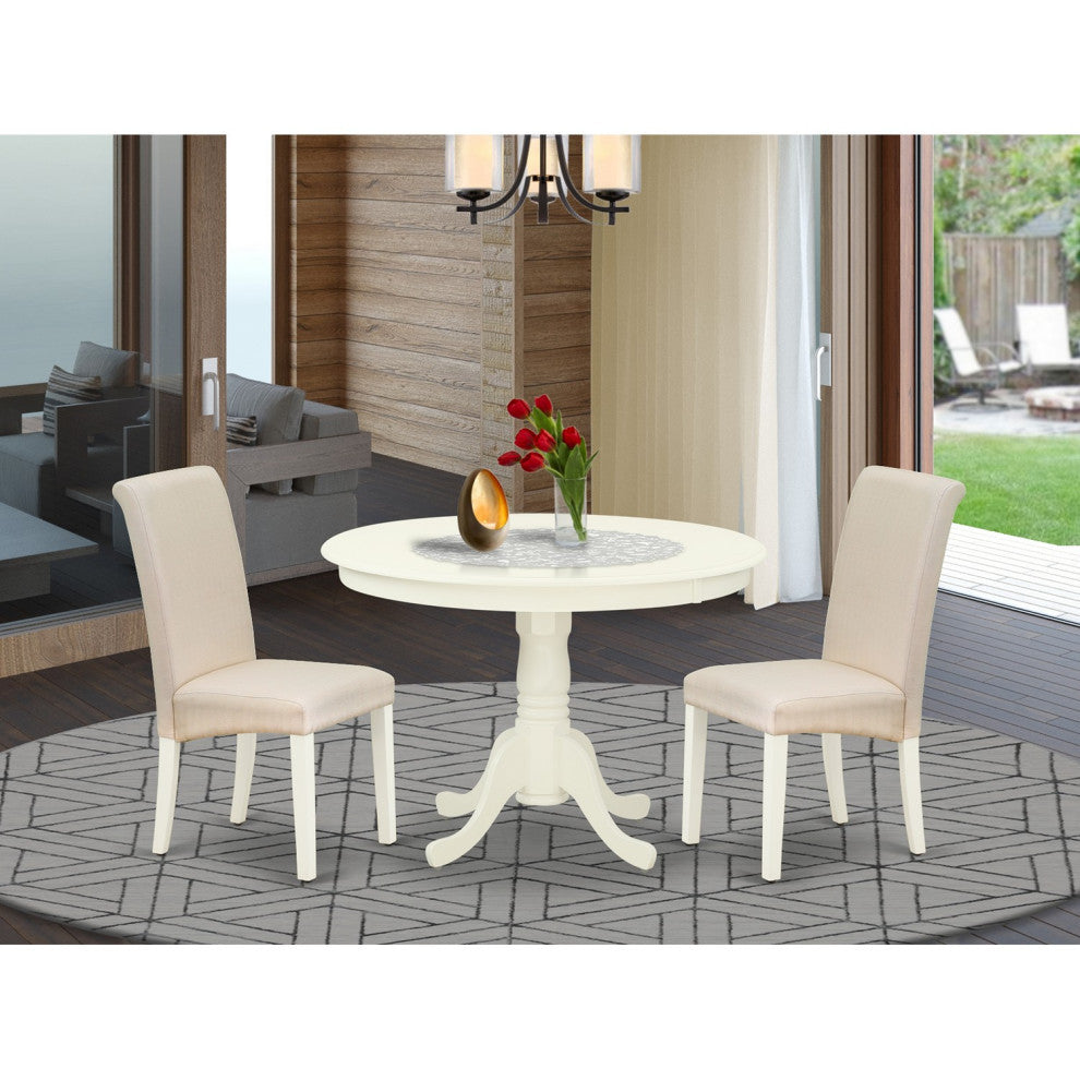 3Pc Dinette Set, Rounded Table, Two Parson Chairs, Cream Fabric, Linen White