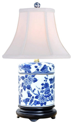 Blue and White Canton Floral Jar Lamp, 18"