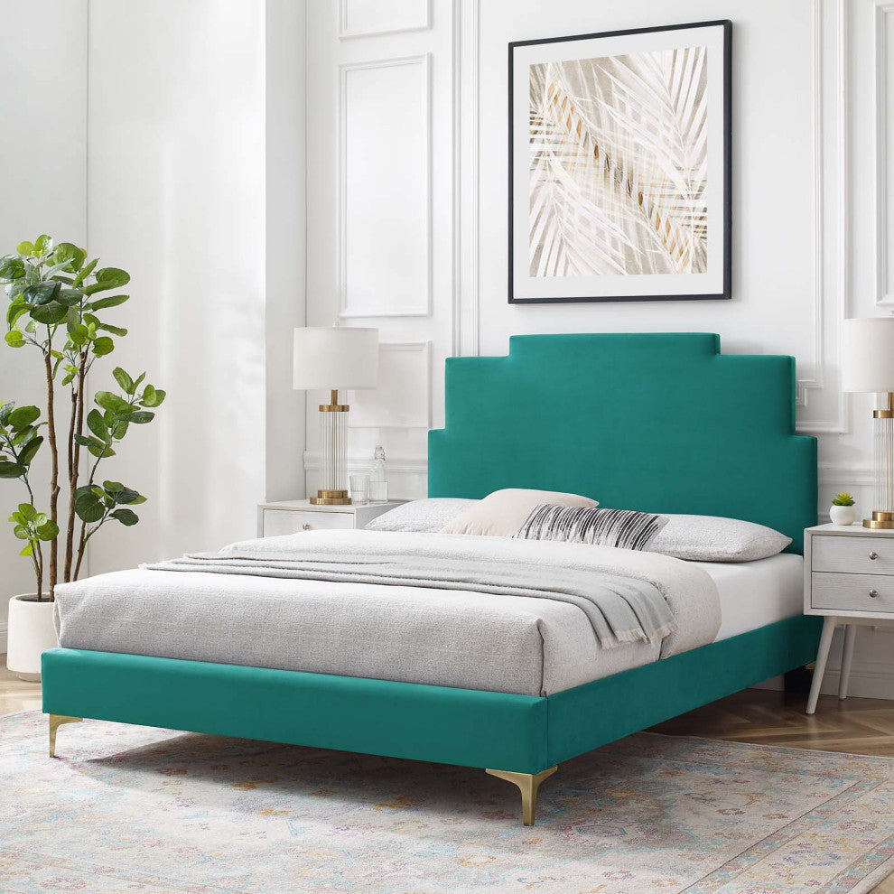 Platform Bed Frame, Queen Size, Velvet, Teal Blue, Modern Contemporary, Bedroom