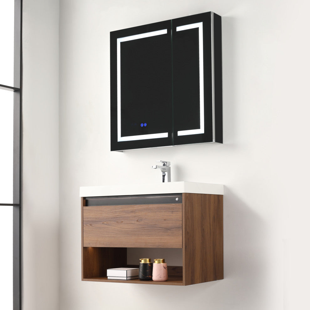 Wall Mounted Bathroom Vanity and Sink, Brown Walnut, 30'' Acrylic