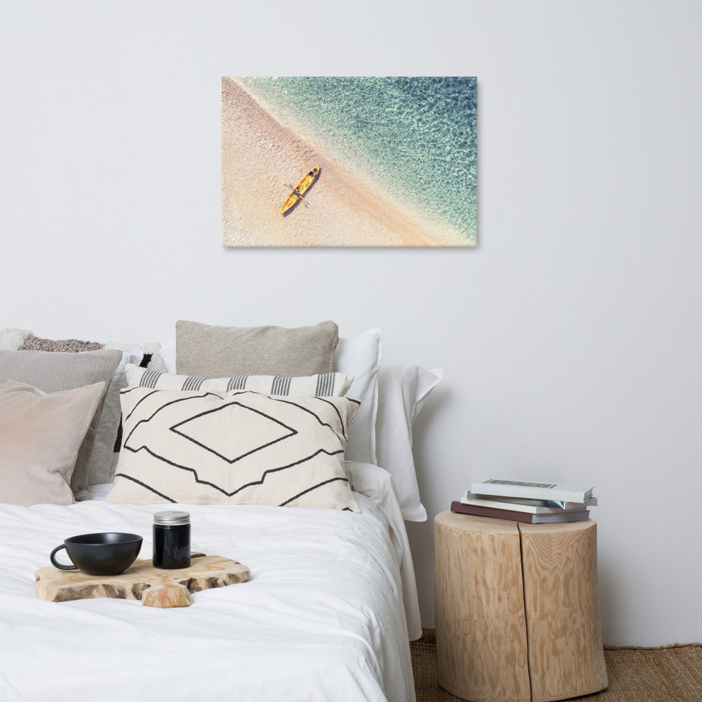 Yellow Canoe and Blue Sea by with Soft Violet Effect Canvas Wall Art Prints, 24" X 36"