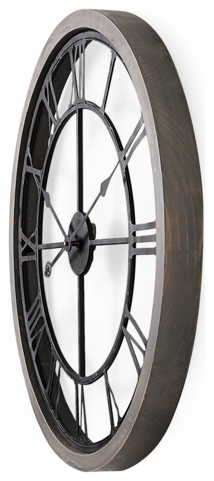 Mething Gray Wood and Black Metal 25" Round Wall Clock