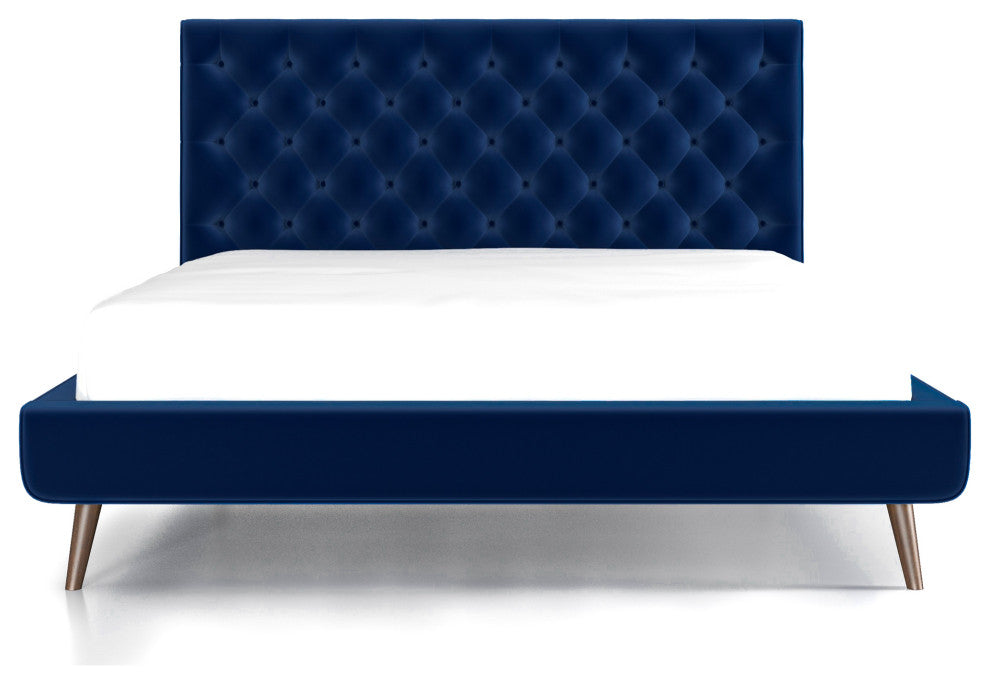 Ashley Midcentury Velvet Tufted Solid Wood Platform Bed, Blue, Queen